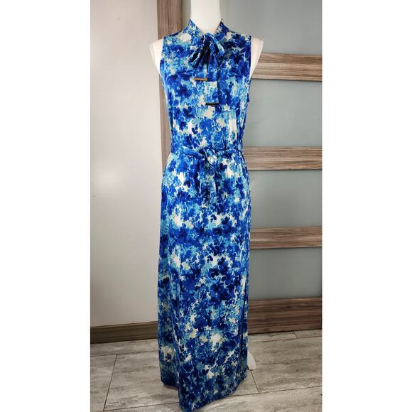 GRIFFLIN PARIS MAXI DRESS BLUE PRINT Geometric Floral Sleeveless Summer Large - Picture 3 of 12